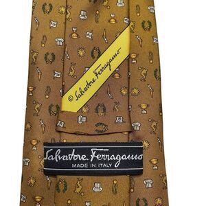 Salvatore Ferragamo Tie Mens Gold 100% Silk Made in Italy Novelty